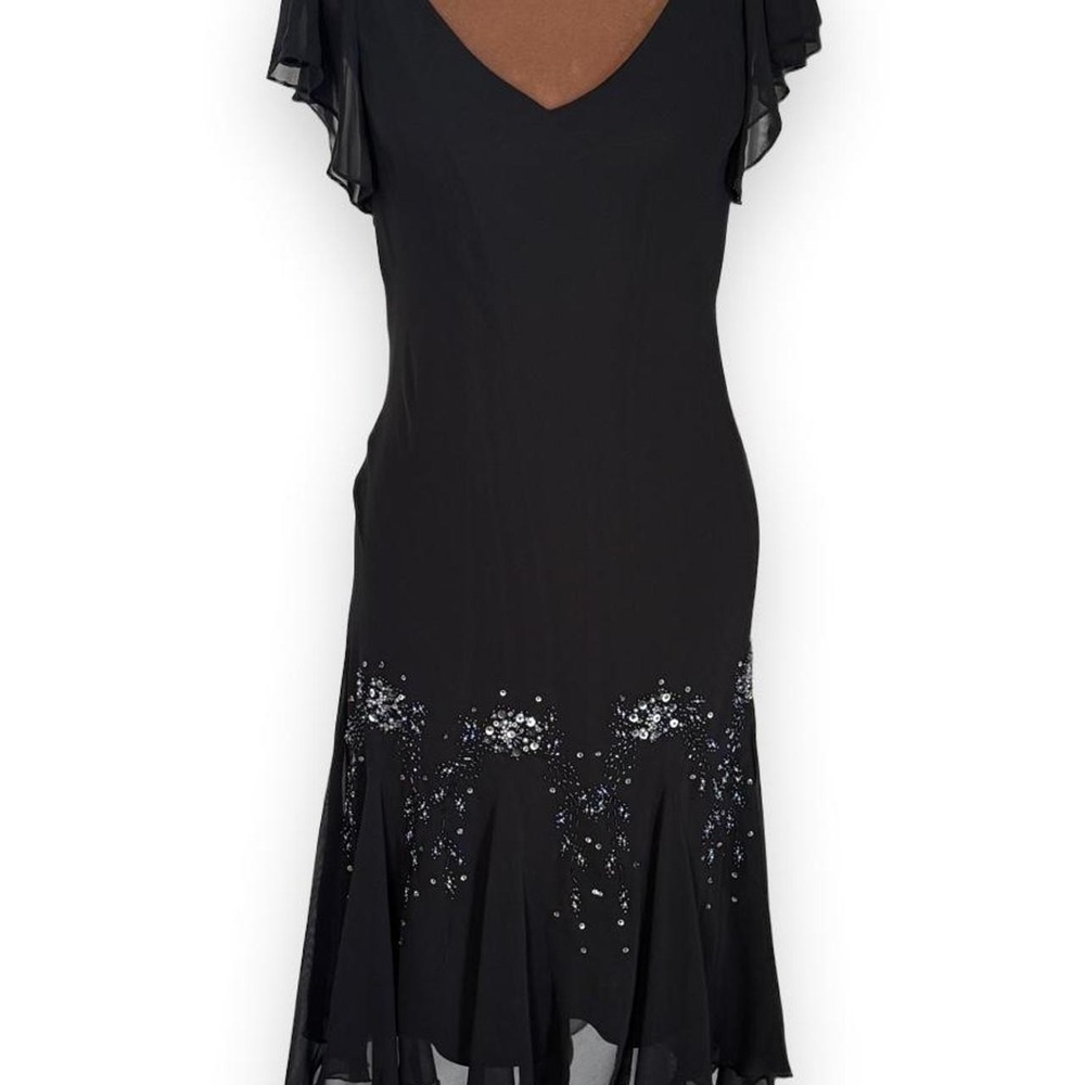 Unique Vintage Black Chiffon Flutter Sleeve Beaded Dress by SL Fashions